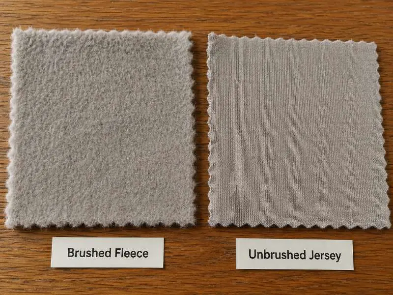 Side-by-side close-up of two fabric swatches: left — brushed fleece with raised fiber loft visible; right — unbrushed jersey with flat surface.