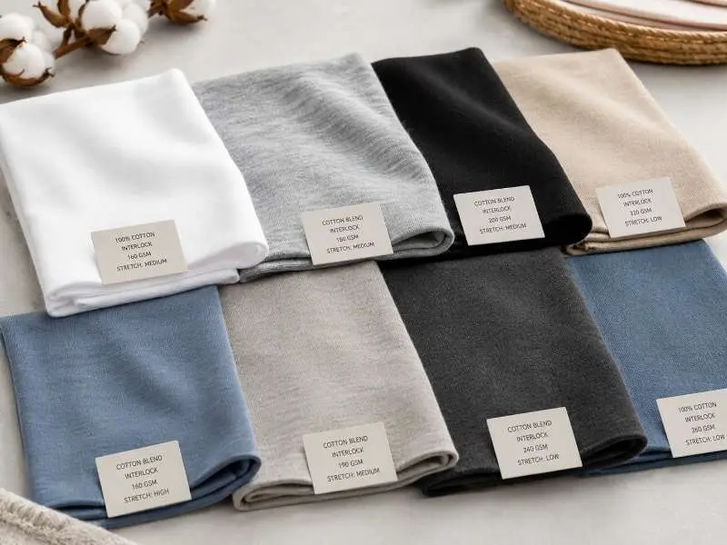 Cotton and cotton-blend interlock fabric swatches showing different GSM and stretch options