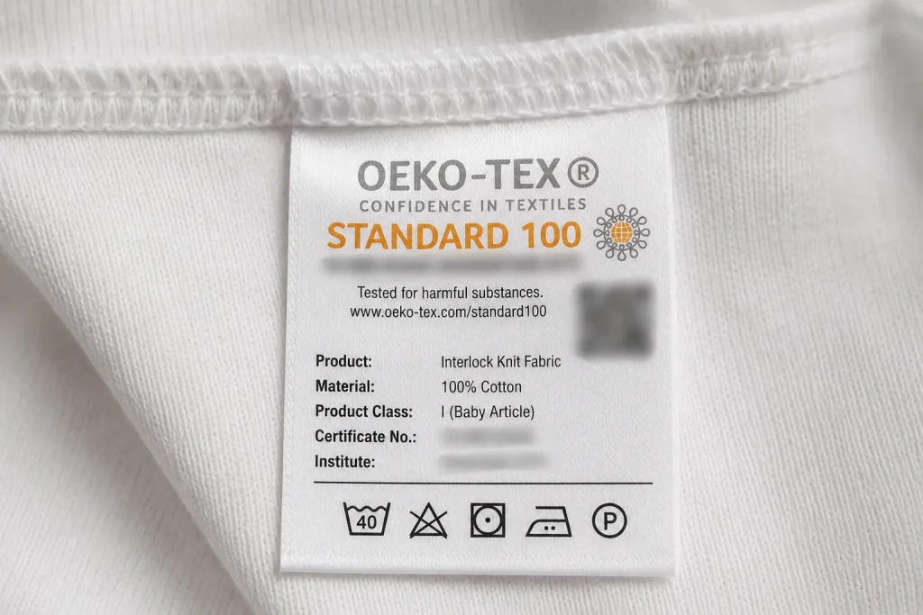 This white garment features OEKO-TEX-certified double-knit fabric and label details.