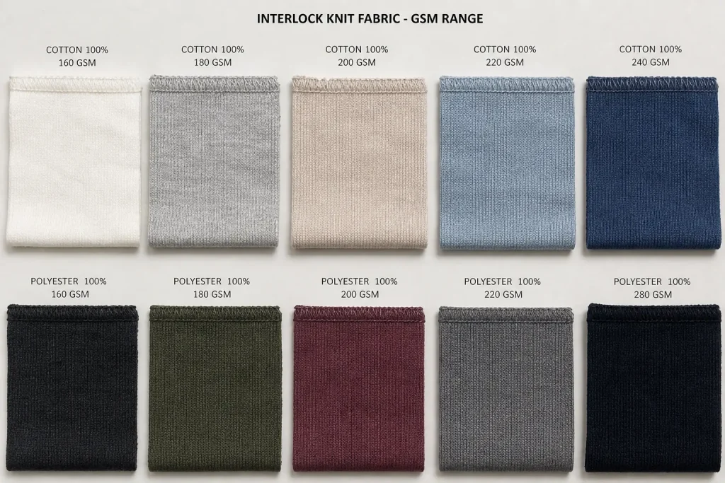 Interlock knit fabric swatches in cotton and polyester compositions showing GSM range variation from 160 to 280 GSM